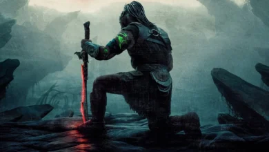 "Predador: Terras Selvagens (2025) – Guerreiro alienígena ajoelhado empunhando espada com energia vermelha em cenário sombrio de floresta alienígena, imagem promocional do filme
