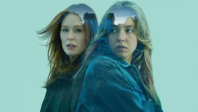 Julianne Moore e Sydney Sweeney em imagem promocional do thriller Echo Valley (2025), com montagem artística que insere uma paisagem rural sobre os rostos das protagonistas.