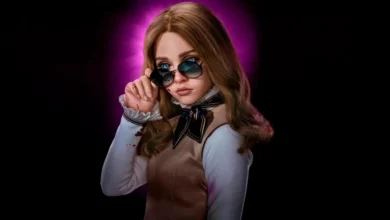 Amie Donald como M3GAN com óculos de sol, blusa branca com babados e gravata listrada, e um colete marrom, com um fundo roxo e preto.