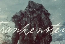 Criatura de Frankenstein em cenário nevado no pôster oficial do filme de Guillermo del Toro, estrelado por Oscar Isaac.