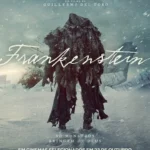 Pôster oficial de Frankenstein (2025), com a criatura em destaque em cenário congelado