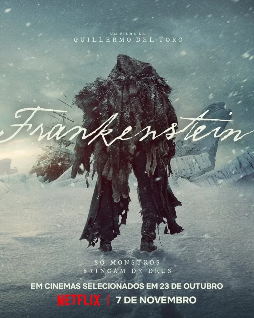 Pôster oficial de Frankenstein (2025), com a criatura em destaque em cenário congelado