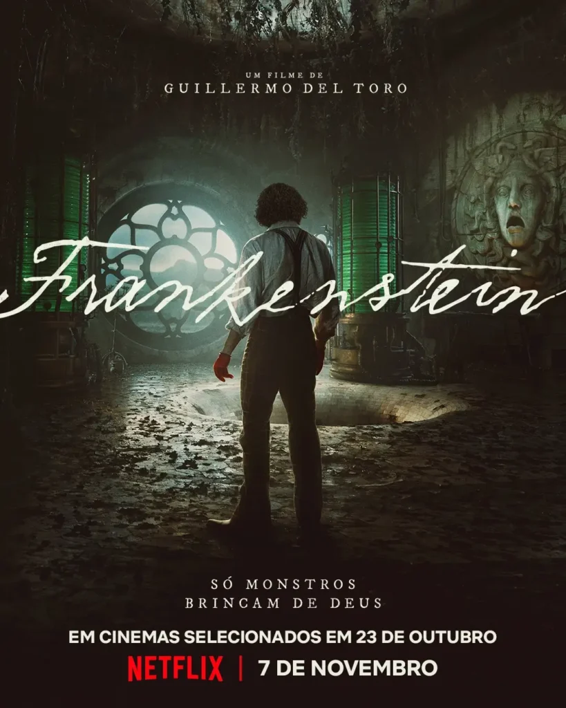Victor Frankenstein em seu laboratório no pôster oficial do filme Frankenstein (2025)