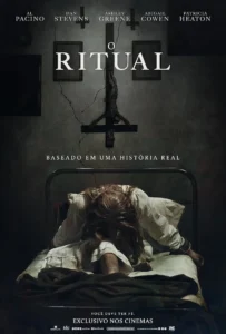 Pôster oficial do filme O Ritual (2025) com cruz invertida e jovem possuída em uma cama.