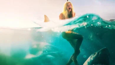 Hassie Harrison em cena de Animais Perigosos (2025), cercada por tubarões no mar no filme de terror estrelado por Jai Courtney.