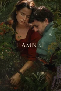 Pôster oficial do filme Hamnet: A Vida Antes de Hamlet. Retrato íntimo de Agnes Shakespeare (Jessie Buckley) e William Shakespeare (Paul Mescal) em um cenário de floresta, destacando o drama histórico de Chloé Zhao.