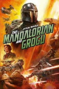 Poster do filme O Mandaloriano e Grogu, com o Mandaloriano no centro, o personagem Grogu, e outras figuras como Greef Karga e Peli Motto.