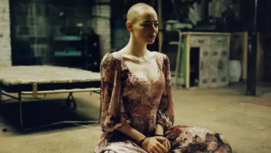 Emma Stone com a cabeça raspada em cena tensa de Bugonia, novo filme de ficção científica de Yorgos Lanthimos.