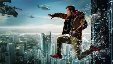 Glen Powell em cena de ação em O Sobrevivente (2025), nova adaptação do romance distópico de Stephen King dirigida por Edgar Wright.