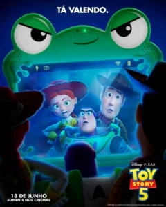 Poster do filme Toy Story 5 da Disney Pixar mostrando tablet verde em forma de sapo com personagens Woody, Buzz Lightyear e Jessie na tela, estreia 18 de junho nos cinemas