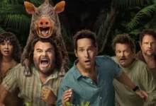 Imagem promocional de Anaconda (2025) com Steve Zahn, Jack Black, Selton Mello, Thandiwe Newton e Paul Rudd na selva
