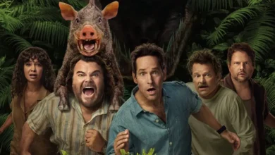 Imagem promocional de Anaconda (2025) com Steve Zahn, Jack Black, Selton Mello, Thandiwe Newton e Paul Rudd na selva