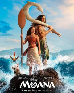 Poster de moana 2026 com Dwayne Johnson como Maui e Catherine Laga’aia como Moana em meio ao oceano