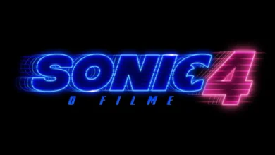 teaser de Sonic 4: O Filme com logo neon azul e rosa revelando o primeiro teaser do filme com Jim Carrey e James Marsden