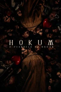 Pôster oficial de Hokum: O Pesadelo da Bruxa (2026) com Adam Scott cercado por rostos sombrios em uma atmosfera de terror psicológico.
