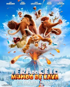 Primeiro pôster de A Era do Gelo 6 mostra Manny, Sid, Diego, Ellie, Buck, Scrat e Baby Scrat diante de um vulcão em erupção no filme A Era do Gelo: Mundo de Lava (2027).