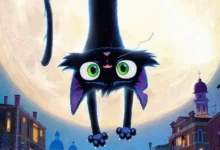 Gatto, nova animação da Pixar dirigida por Enrico Casarosa, mostra um gato preto de olhos verdes pendurado de cabeça para baixo diante de uma lua cheia sobre os telhados de Veneza.