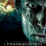 Close do rosto de Aaron Eckhart no pôster internacional de I, Frankenstein (2014).