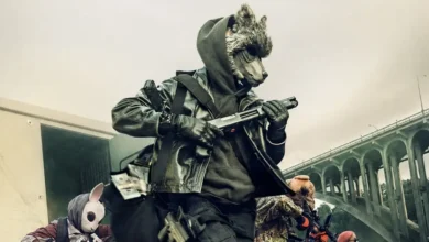 Imagem promocional do filme How to Rob a Bank (2026), mostrando uma quadrilha mascarada fugindo após um assalto a banco. O longa é dirigido por David Leitch e estrelado por Nicholas Hoult, Zoë Kravitz, Christian Slater e John C. Reilly.