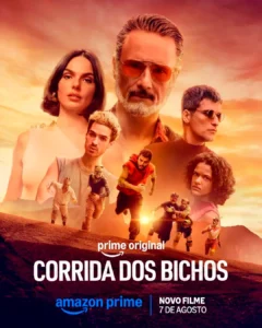 Pôster oficial de Corrida dos Bichos (2026), thriller de ação dirigido por Fernando Meirelles, com Rodrigo Santoro, Isis Valverde e Matheus Abreu.