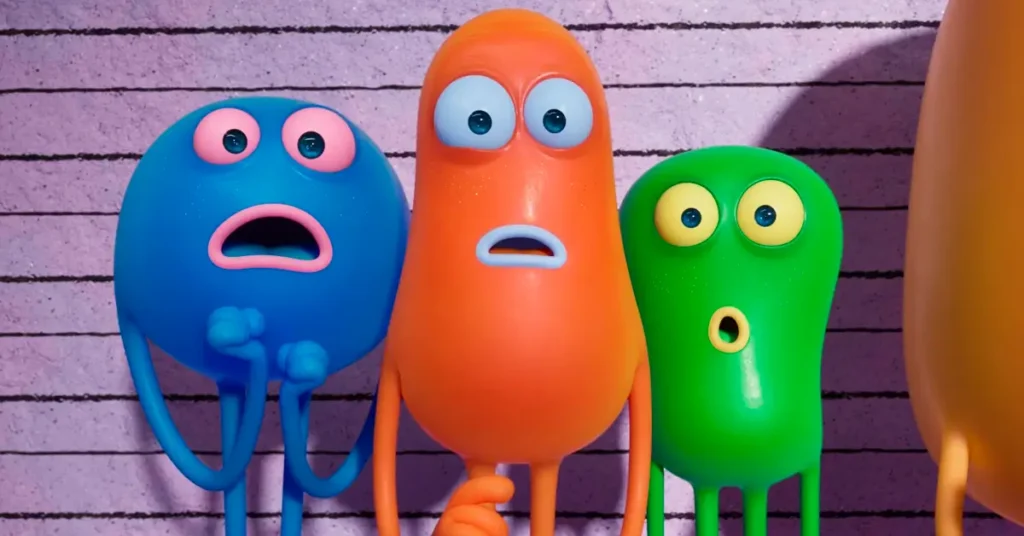 Dunk, Welly e Shirm, alienígenas dublados por Rob Brydon, Diane Morgan e Jamie Demetriou, aparecem surpresos em cena de Interligados (2027).