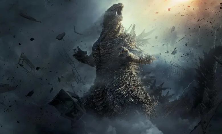 Cena do teaser de Godzilla Minus Zero mostra o gigantesco kaiju rugindo em meio à destruição e aos destroços