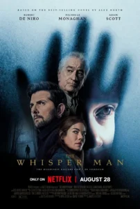 Pôster oficial de O Homem-Sussurro (2026) com Robert De Niro, Adam Scott e Michelle Monaghan em destaque, além do rosto de uma criança ao fundo e uma floresta sombria, reforçando o clima de suspense.