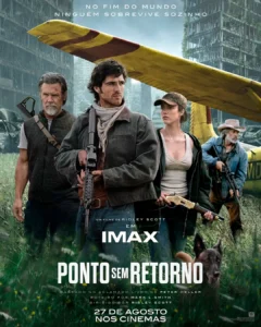 Pôster oficial de Ponto Sem Retorno (2026) Pôster oficial de Ponto Sem Retorno (2026) com Jacob Elordi, Josh Brolin, Margaret Qualley e Guy Pearce em um cenário pós-apocalíptico, acompanhados por um cão diante de uma aeronave.