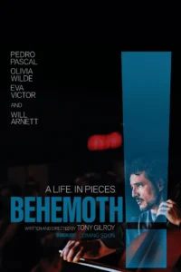 Pôster oficial de Behemoth! (2026) com Pedro Pascal caracterizado como o violoncelista Alex Serian, segurando um violoncelo sobre fundo escuro, acompanhado do título do filme e dos nomes do elenco principal.