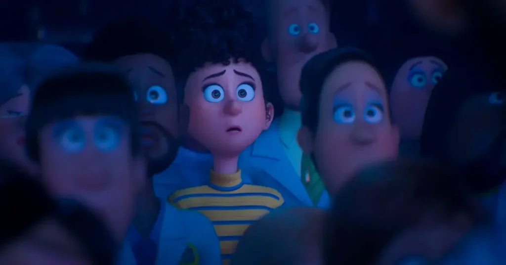 Fran, personagem interpretada por Selena Gomez em Interligados (2027), observa algo com expressão de preocupação em uma cena da animação.