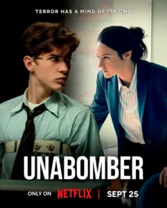 Poster de Unabomber (2026) Poster de Unabomber (2026), filme da Netflix, com Jacob Tremblay como Ted Kaczynski e uma mulher em uma cena de interrogatório, destacando a atmosfera de suspense e a investigação sobre o caso real do Unabomber