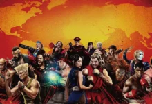 Imagem promocional de Street Fighter (2026) reúne personagens da franquia de luta diante de um mapa-múndi em tons de vermelho e amarelo.