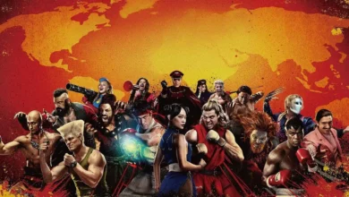 Imagem promocional de Street Fighter (2026) reúne personagens da franquia de luta diante de um mapa-múndi em tons de vermelho e amarelo.