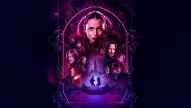 Pôster oficial do filme Bailarina – Do Universo de John Wick (2025), estrelado por Ana de Armas, com visual estilizado em tons de roxo neon e personagens do universo John Wick ao fundo.