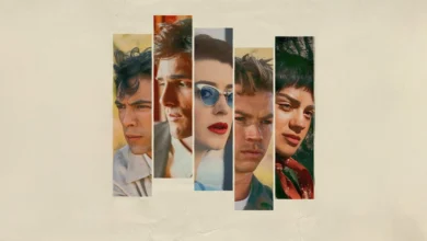 On Swift Horses (2025) – Imagem promocional com retratos estilizados dos personagens principais em colagens verticais, destacando o elenco do drama romântico ambientado nos anos 1950