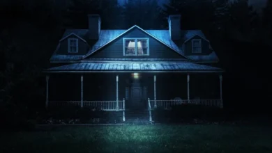 Casa isolada cercada por floresta durante a noite com luz acesa na varanda, cena do filme de suspense e ficção científica "Ninguém Vai Te Salvar" (2023).