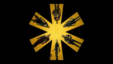 Personagens do filme Thunderbolts (2025) reunidos em formação circular sobre fundo amarelo, com estética sombria e visual estilizado, destacando os anti-heróis do Universo Cinematográfico Marvel.