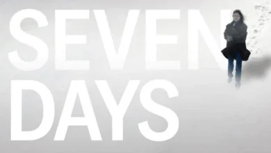 Cena do pôster promocional do filme Seven Days (2024), mostrando uma mulher caminhando na neve ao lado do título em letras grandes; estrelado por Sina Parvaneh