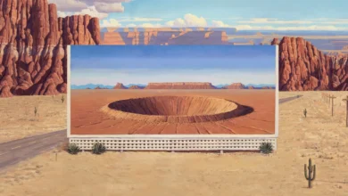 Imagem promocional do filme Asteroid City (2023), mostrando uma cratera em uma paisagem desértica com estética simétrica de Wes Anderson
