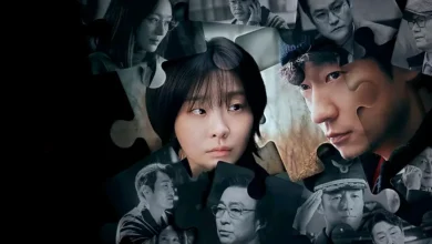 Montagem com peças de quebra-cabeça revelando os personagens Jo I-na (Kim Da Mi) e Han Sam (Son Suk-ku) ao centro, cercados por outras figuras importantes da série sul-coreana Nove Peças (2025).