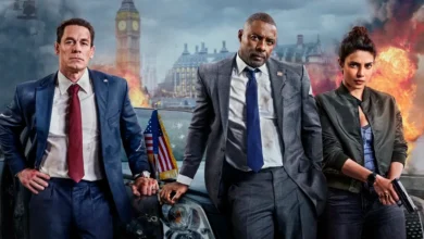 Cena de divulgação do filme Chefes de Estado (2025) com John Cena, Idris Elba e Priyanka Chopra Jonas em frente a explosões e o Big Ben ao fundo.