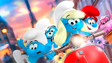 Smurfs personagens azuis Papa Smurf Smurfette andando motocicleta vermelha cidade filme 2025
