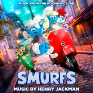 Capa trilha sonora Smurfs 2025 Henry Jackman personagens azuis motocicleta vermelha cidade