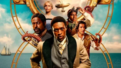 Imagem promocional da minissérie Washington Black (2025), com o elenco principal em destaque diante do oceano e elementos steampunk.