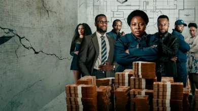 Cartaz promocional da série sul-africana "Marcada" (Marked) da Netflix, com os atores Lerato Mvelase, Jabulani Mthembu, Jerry Mofokeng, Sphamandla Dhludhu e Pheello Kotelo em frente a uma parede rachada e pilhas de dinheiro.