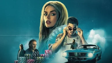 Cena promocional do filme Motorista de Fuga (2025) com Andy Garcia, Steve Zahn, Marshawn Lynch, Samara Weaving e Karl Glusman