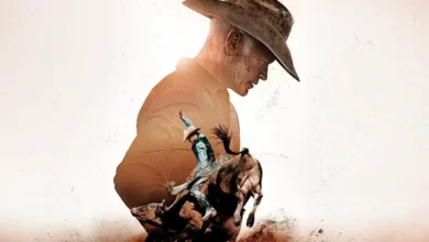 Pôster oficial do filme O Último Rodeio (The Last Rodeo), com Neal McDonough usando chapéu de cowboy e cena de montaria em touro.