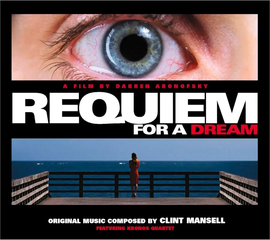 Capa da trilha sonora de Réquiem para um Sonho (2000) com música de Clint Mansell, mostrando um close do olho e uma pessoa de costas olhando para o mar.
