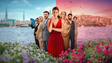 Elenco principal do filme Ela Disse Talvez (2025) em pôster promocional colorido, com a protagonista em destaque de vestido vermelho.