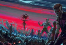 Arte promocional da série animada Marvel Zumbis (Marvel Zombies), mostrando heróis da Marvel em versão zumbi em cenário apocalíptico.